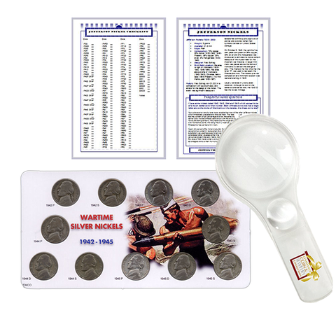Jefferson Nickel Starter Collection Kit, Complete Wartime Silver Nickel Set, Magnifier & Checklist - Centerville C&J Connection, Inc.