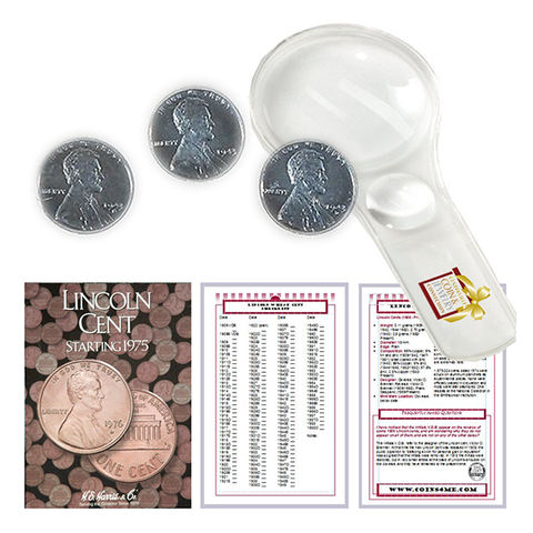 Lincoln Wheat Penny Starter Collection Kit, Part Two, H.E. Harris Folder, 1943 Steel Cent P-D-S Mint Set, Magnifier & Checklist - Centerville C&J Connection, Inc.