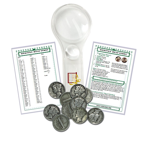 Silver Mercury Dime Starter Collection Kit, Ten Circulated Silver Mercury Dimes Magnifier & Checklist - Centerville C&J Connection, Inc.