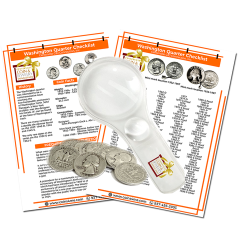 Silver Washington Quarter Starter Collection Kit, Ten Circulated Silver Washington Quarters, Magnifier & Checklist - Centerville C&J Connection, Inc.