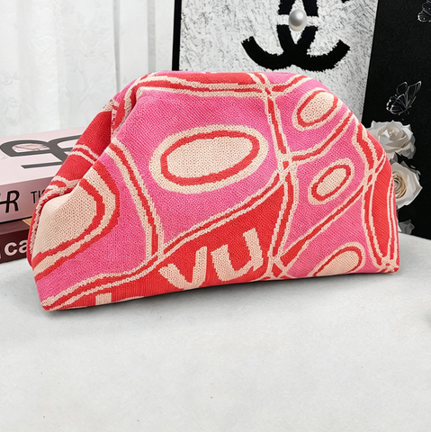 Stripe Knit Cosmetic Bag Geo Pattern Storage Clutch: Pink / M