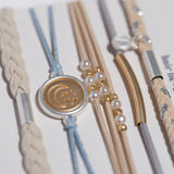 "Wonder" Soft Creams & Blues with Pearls & Gold Hair Tie Bracelets: Medium