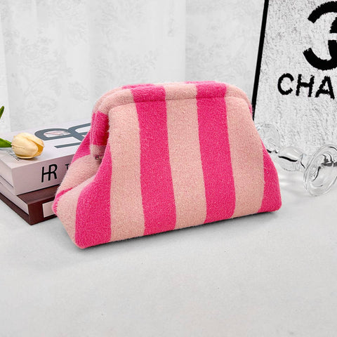 Striped Knit Cosmetic Bag Plush Knit Clutch: Rose_red / M