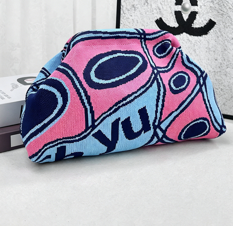 Stripe Knit Cosmetic Bag Geo Pattern Storage Clutch: BluePink / M