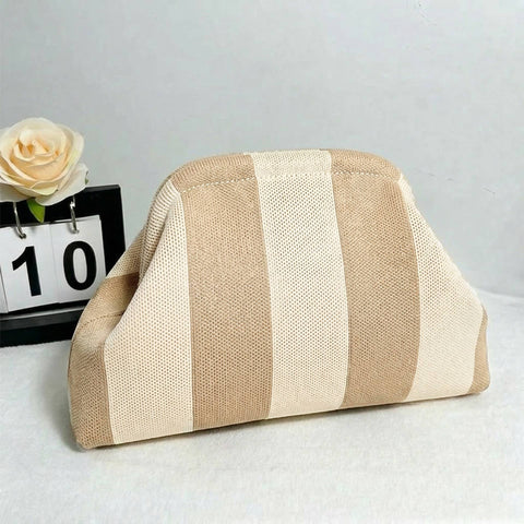 Striped Knit Cosmetic Bag Colorful Knit Clutch Bag: Khaki / M