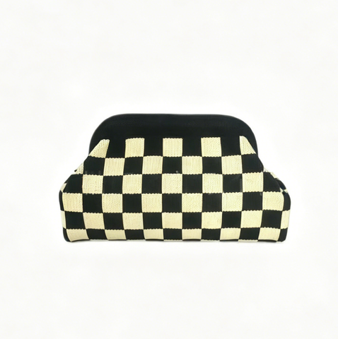 Stripe Knit Cosmetic Bag Checkered Knit Clutch: TBeige / M
