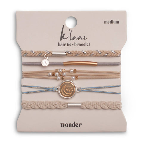 "Wonder" Soft Creams & Blues with Pearls & Gold Hair Tie Bracelets: Medium