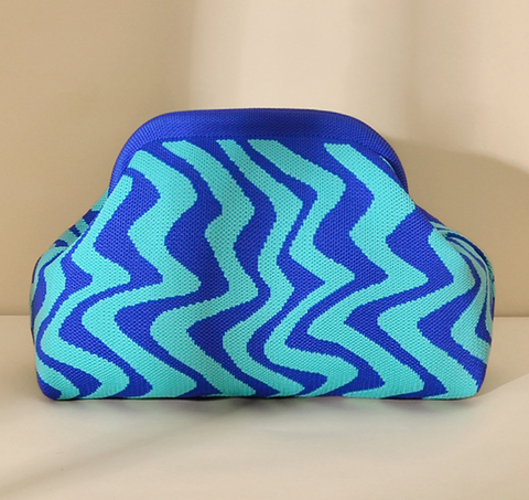 Stripe Knit Cosmetic Bag Wavy Pattern Storage Clutch: Blue / M