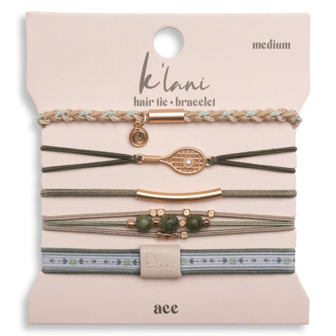 "Ace" Green & Gold Tennis Racket Charm Hair Tie Bracelets: Medium