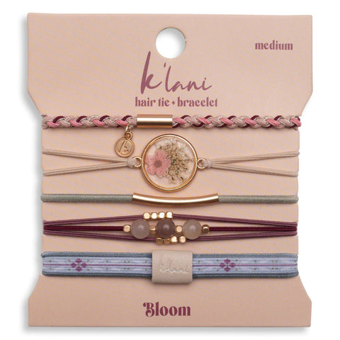 "Bloom" Maroon & Pink with Pressed Flowers Hair Tie Bracelets: Small