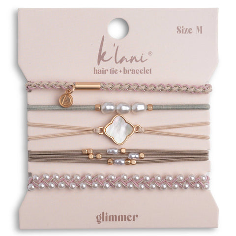 "Glimmer" Soft Pinks with Pearl & Gold Accent Hair Tie Bracelets: Small