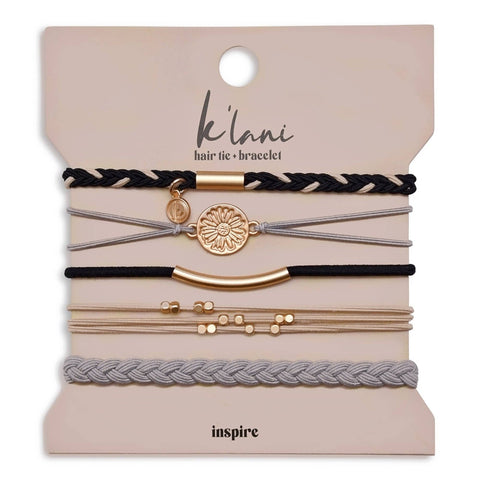 "Inspire" Grey & Black with Gold Flower Accent Hair Tie Bracelets: Medium