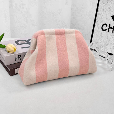 Striped Knit Cosmetic Bag Plush Knit Clutch: Pink / M