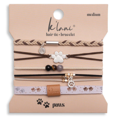 "Paws" Natural Hues with Silver & Paw Accents Hair Tie Bracelet: Small