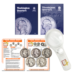 Washington Quarter Starter Collection Kit, Part One, Whitman [9018] Washington Quarter Folder Vol. 1, [9031] Folder Vol. 2, Five Silver Quarters, Magnifier and Checklist, (9 Items) Great for Beginners - Centerville C&J Connection, Inc.